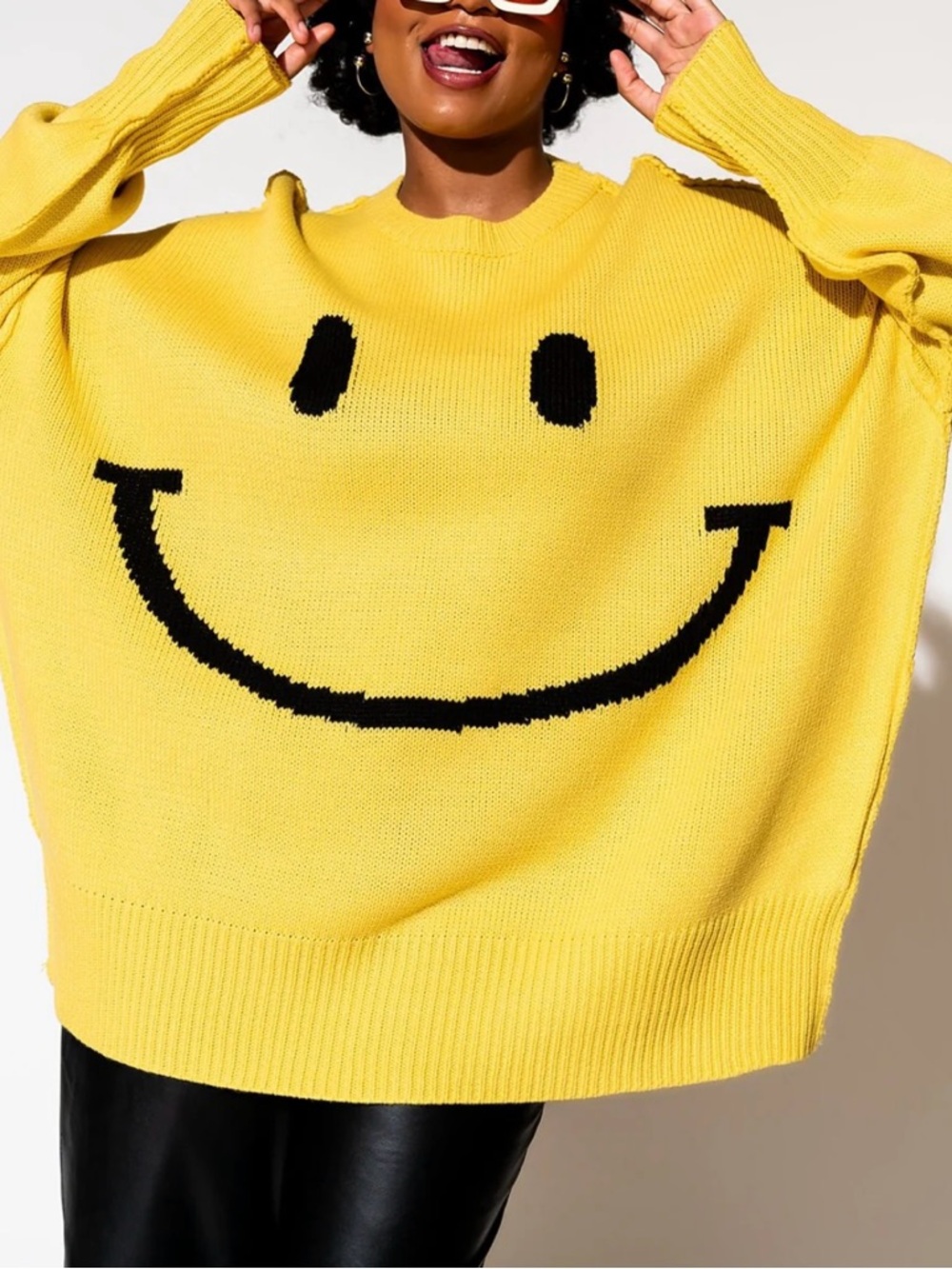 Dressed in LALA Yellow Smiley Face Crewneck Sweater